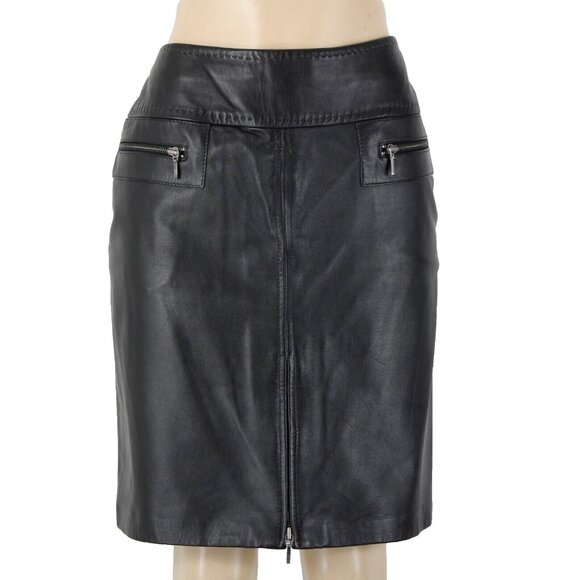VS Vakko Sz 10 Black Zip Pockets Knee Length Lined 100% Leather Polyester Skirt - Picture 1 of 16